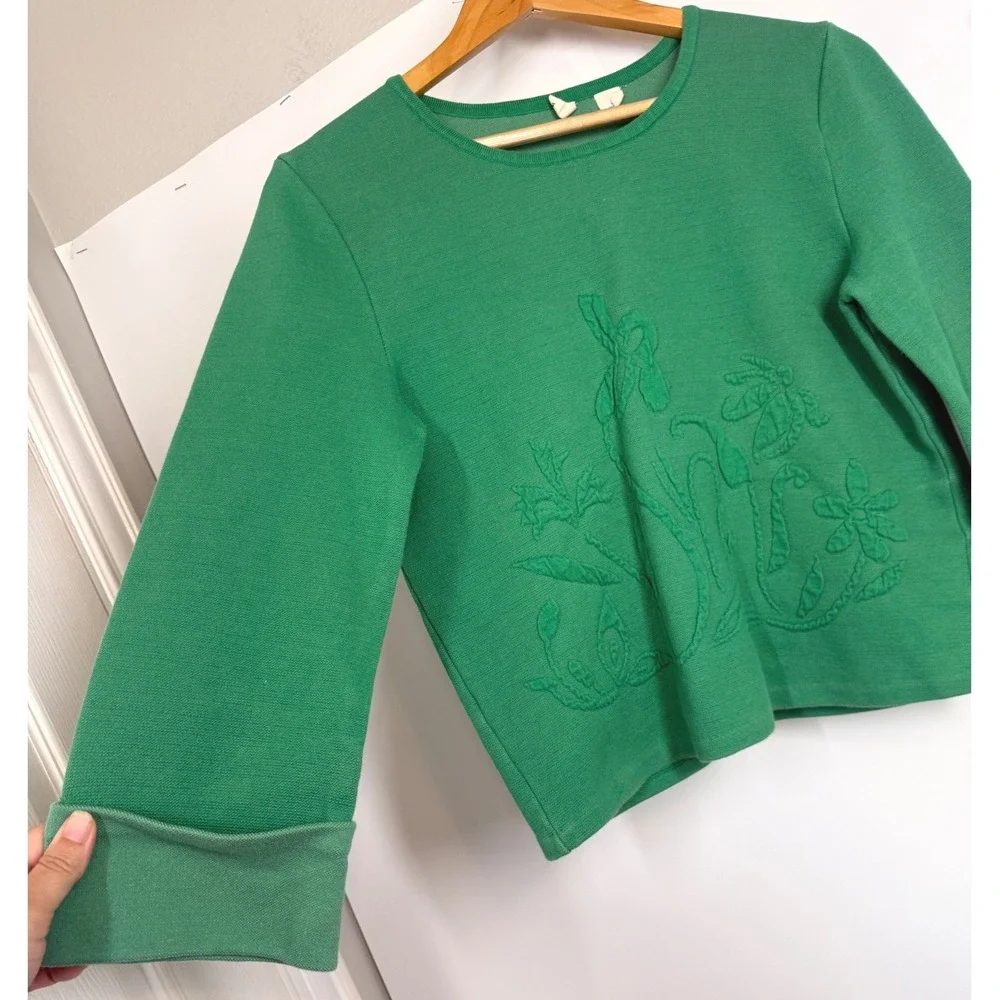 Moth Anthropologie Kelly Green Floral Embossed Cotton Blend Sweater‎ Size S Top